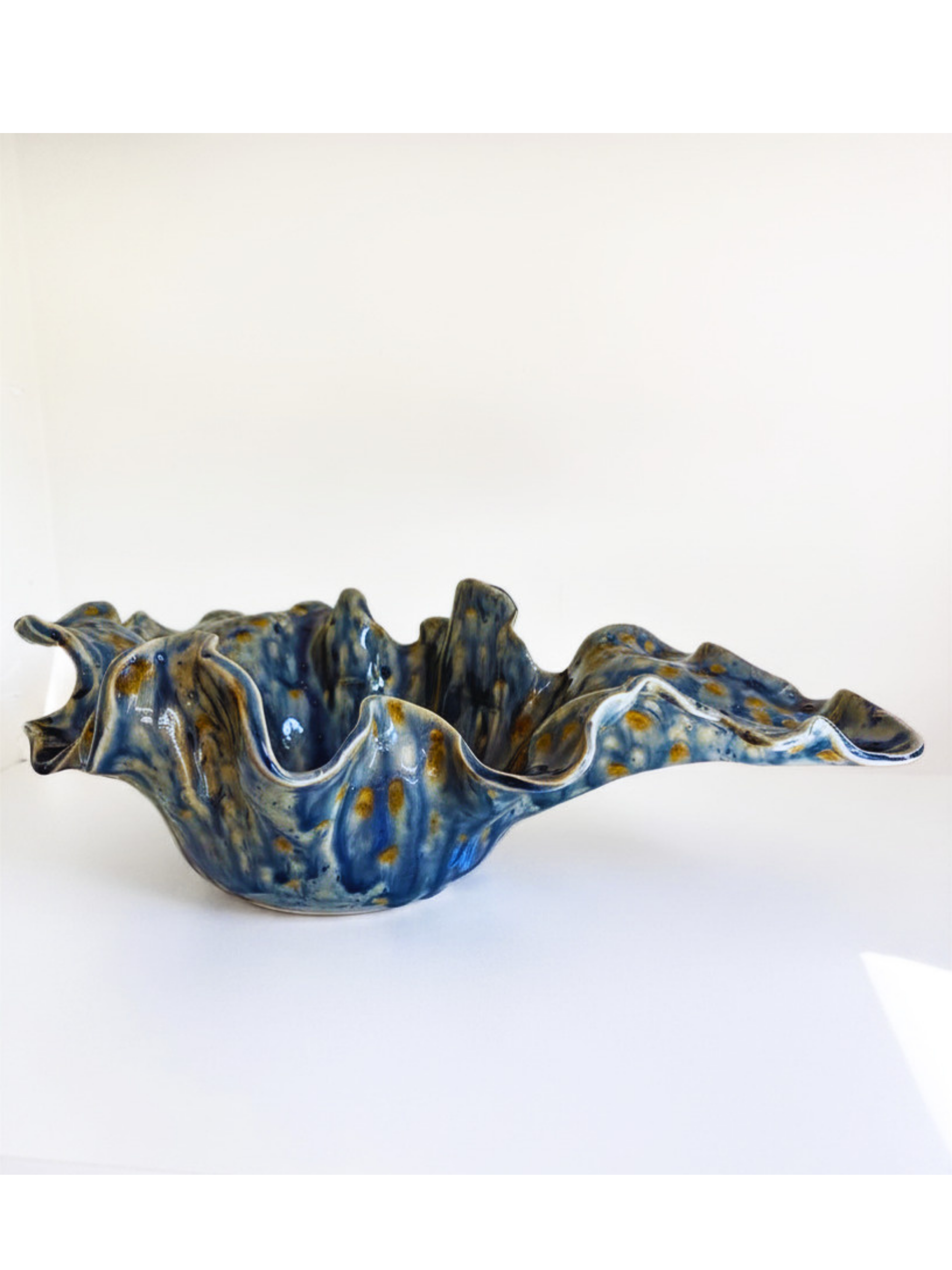 Handmade Ceramic Wavy Bowl, Blue Yellow Glaze, Decorative Art Centerpiece
