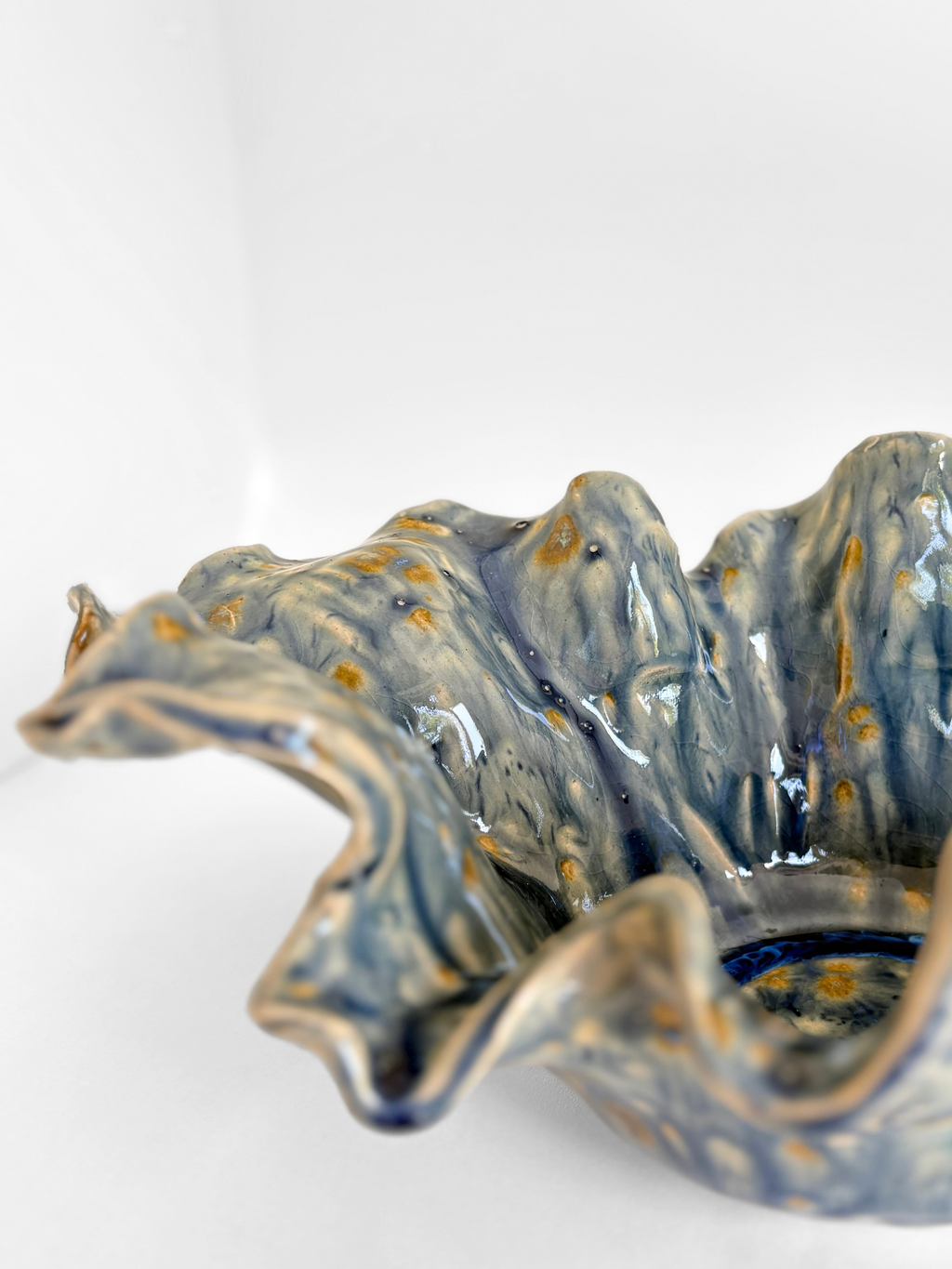 Handmade Ceramic Wavy Bowl, Blue Yellow Glaze, Decorative Art Centerpiece