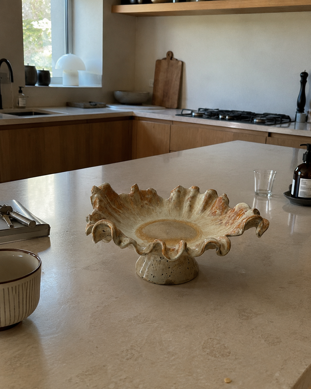 Golden Bloom I | Handmade Ruffled Ceramic Bowl on Pedestal |
