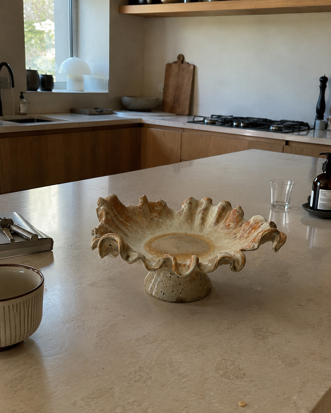 Golden Bloom I | Handmade Ruffled Ceramic Bowl on Pedestal |