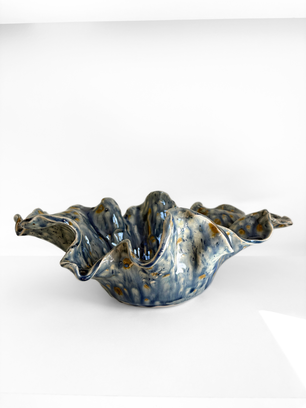 Handmade Ceramic Wavy Bowl, Blue Yellow Glaze, Decorative Art Centerpiece
