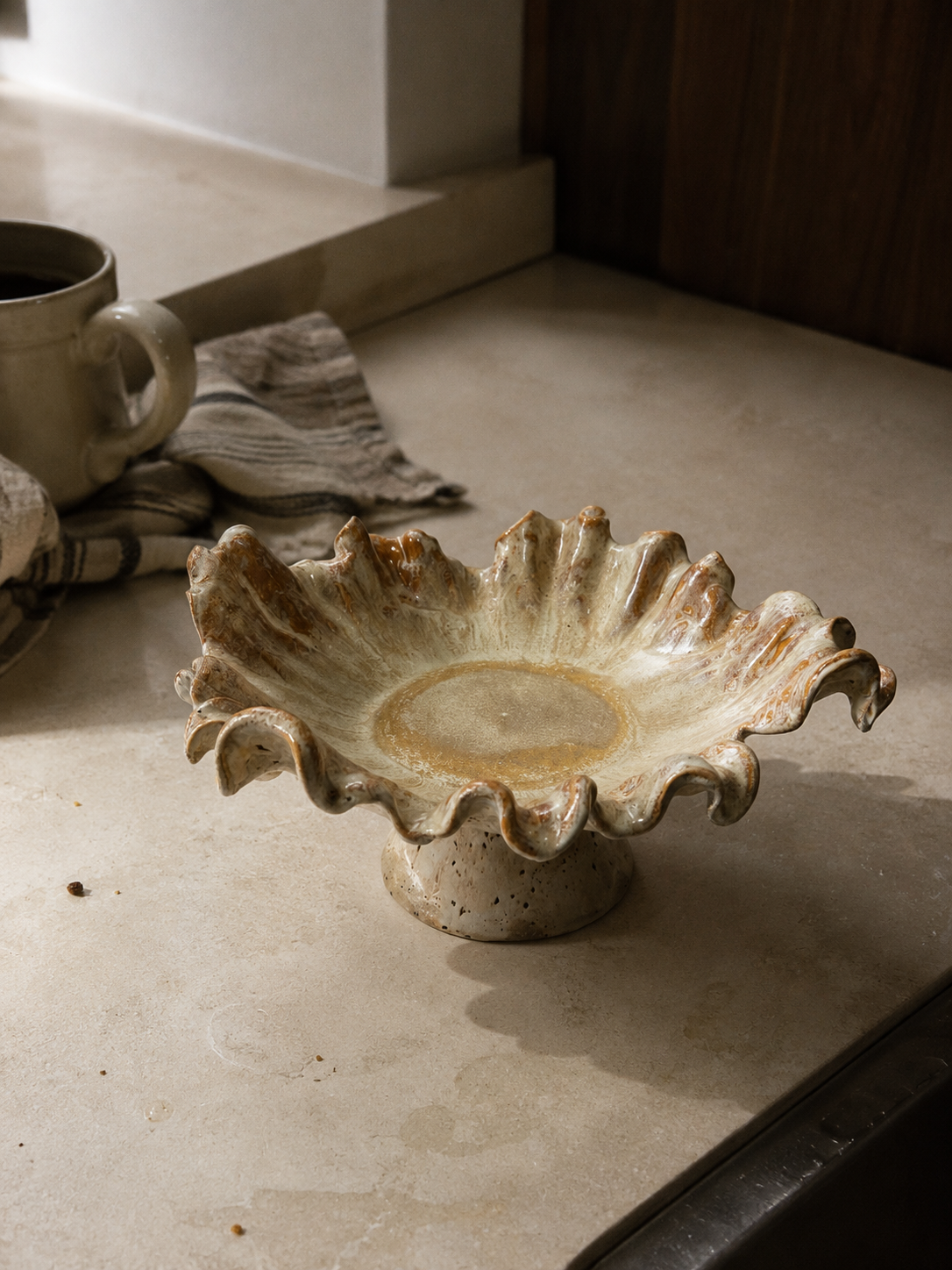 Golden Bloom I | Handmade Ruffled Ceramic Bowl on Pedestal |