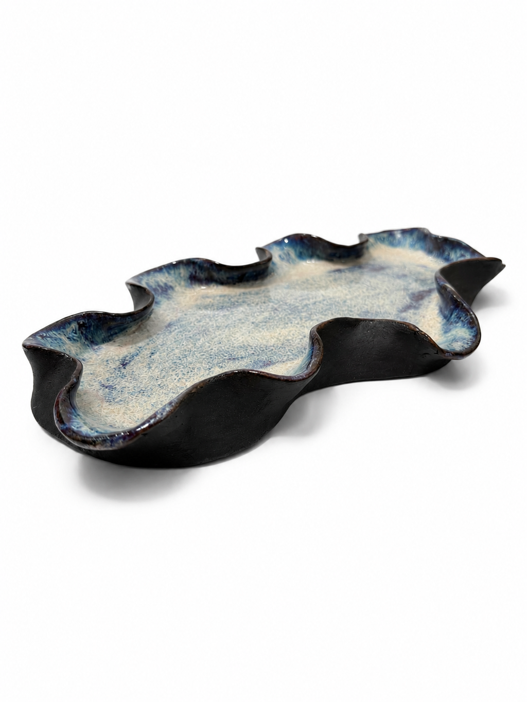 Wavy Ceramic Tray — Blue Drip Glaze