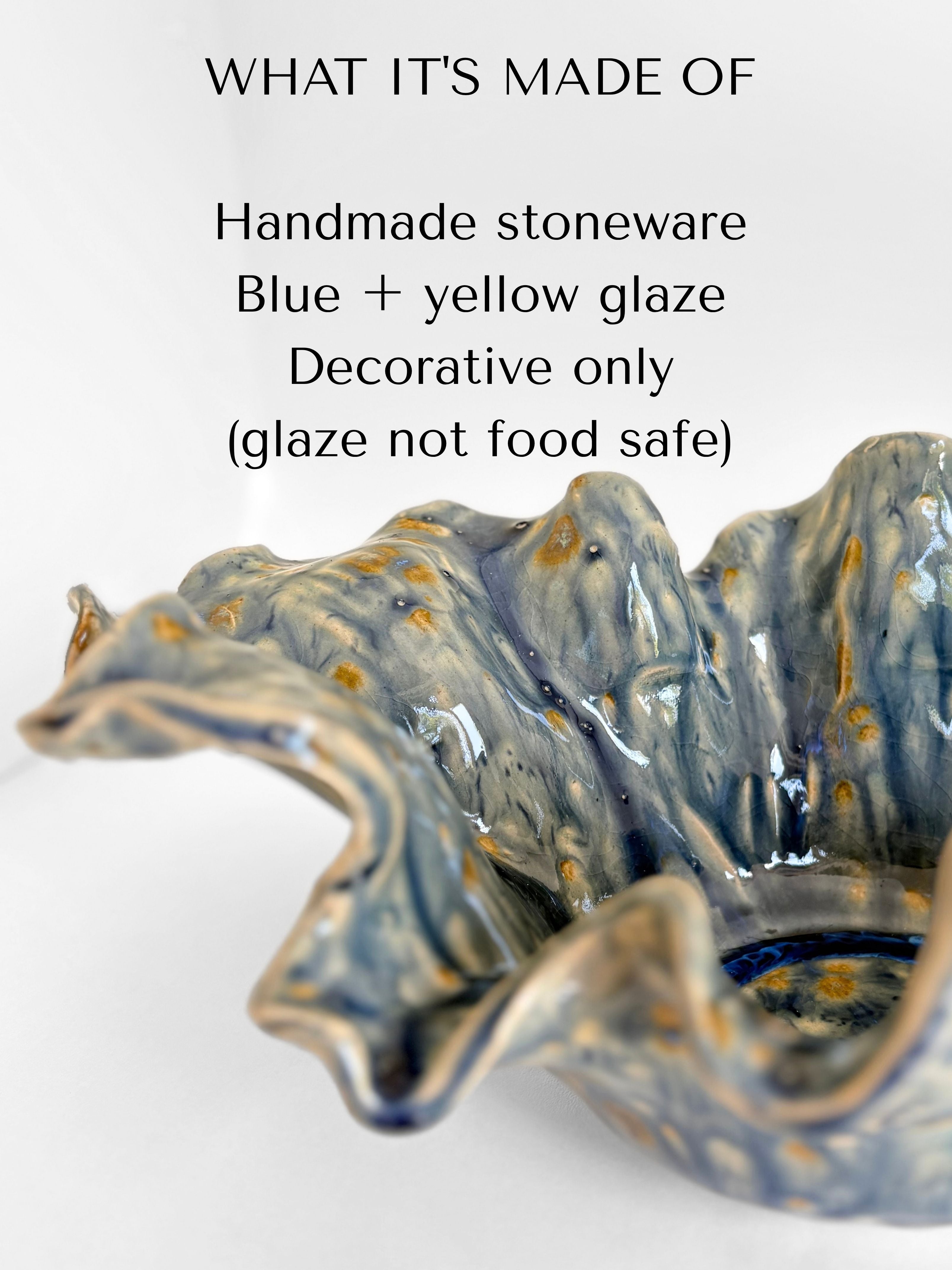Handmade Ceramic Wavy Bowl, Blue Yellow Glaze, Decorative Art Centerpiece