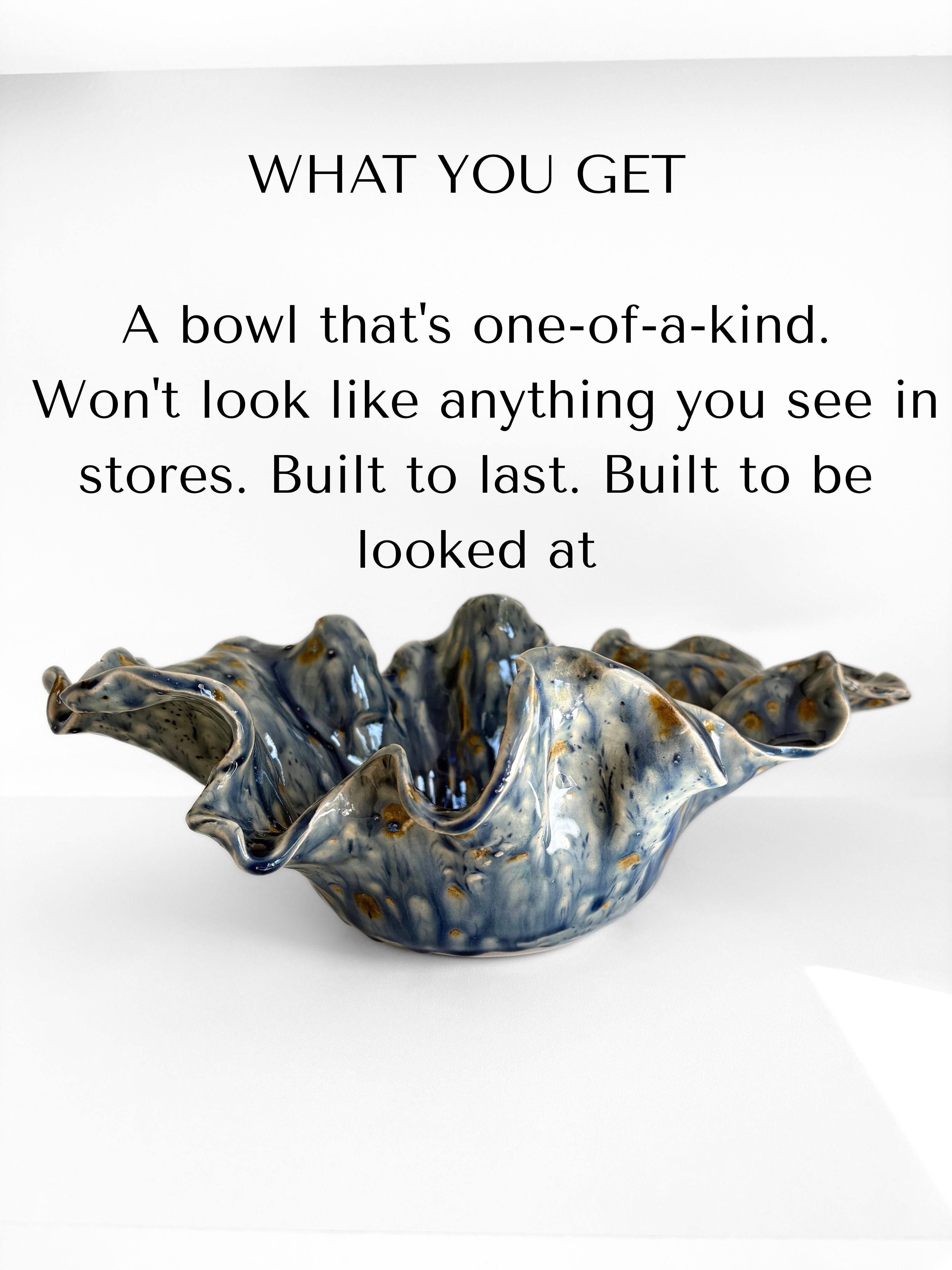 Handmade Ceramic Wavy Bowl, Blue Yellow Glaze, Decorative Art Centerpiece