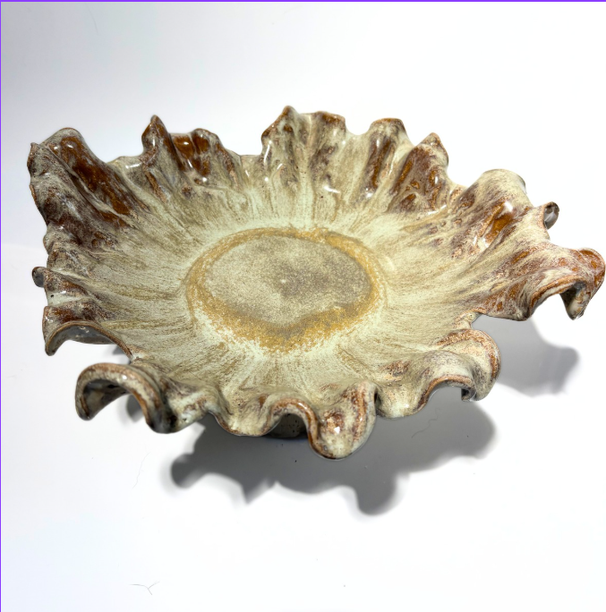 Golden Bloom I | Handmade Ruffled Ceramic Bowl on Pedestal |