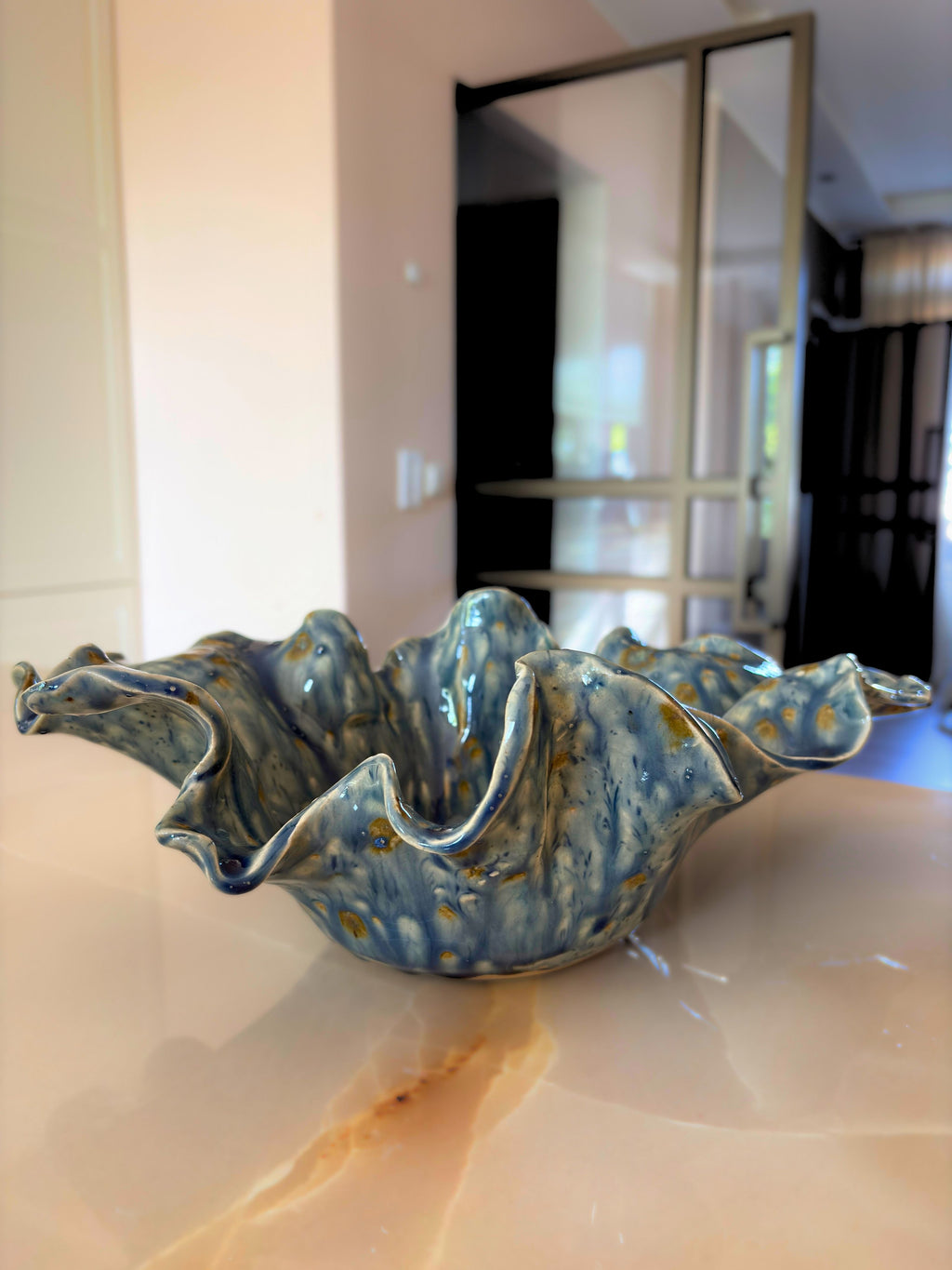 Handmade Ceramic Wavy Bowl, Blue Yellow Glaze, Decorative Art Centerpiece