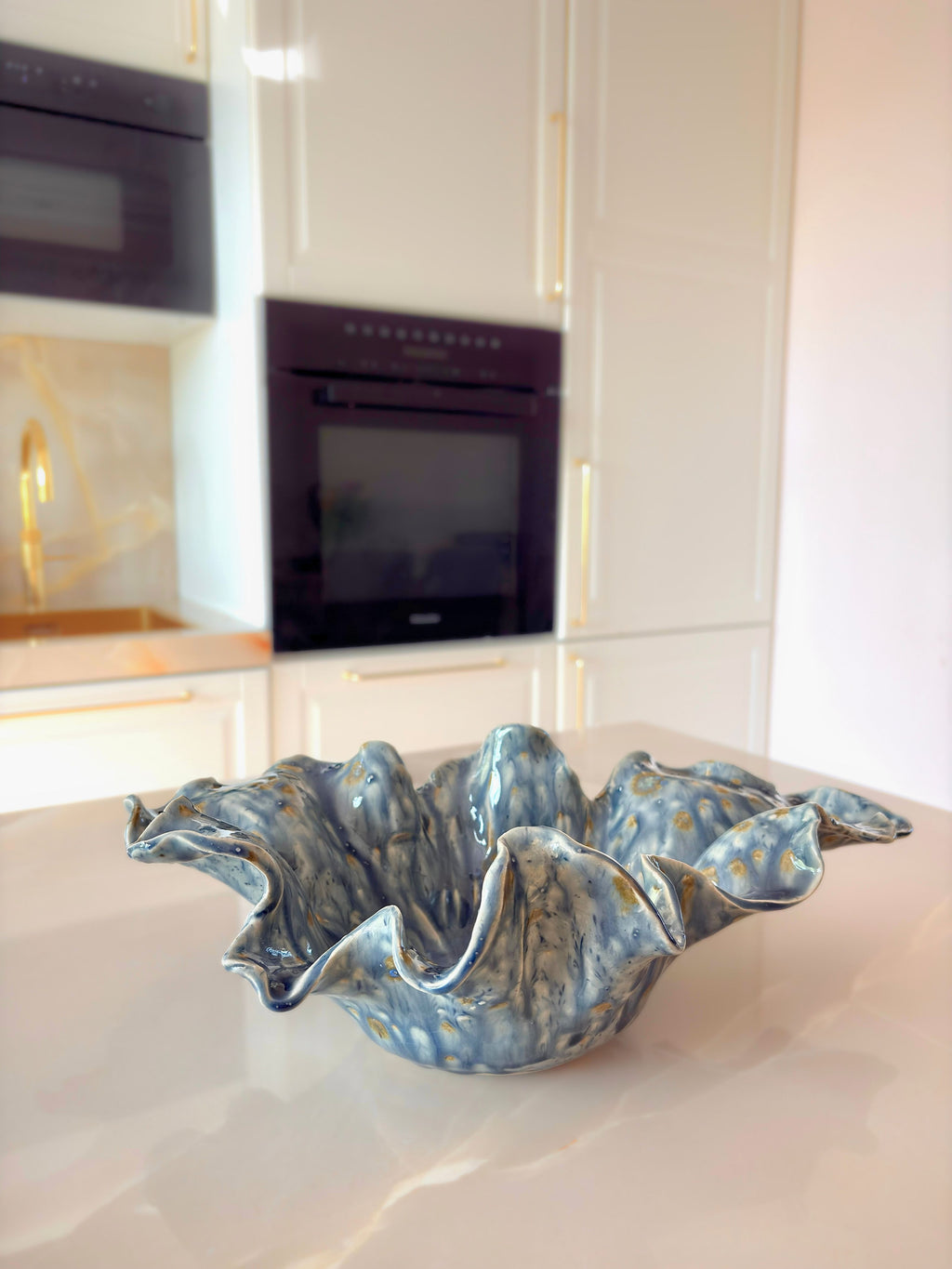 Handmade Ceramic Wavy Bowl, Blue Yellow Glaze, Decorative Art Centerpiece