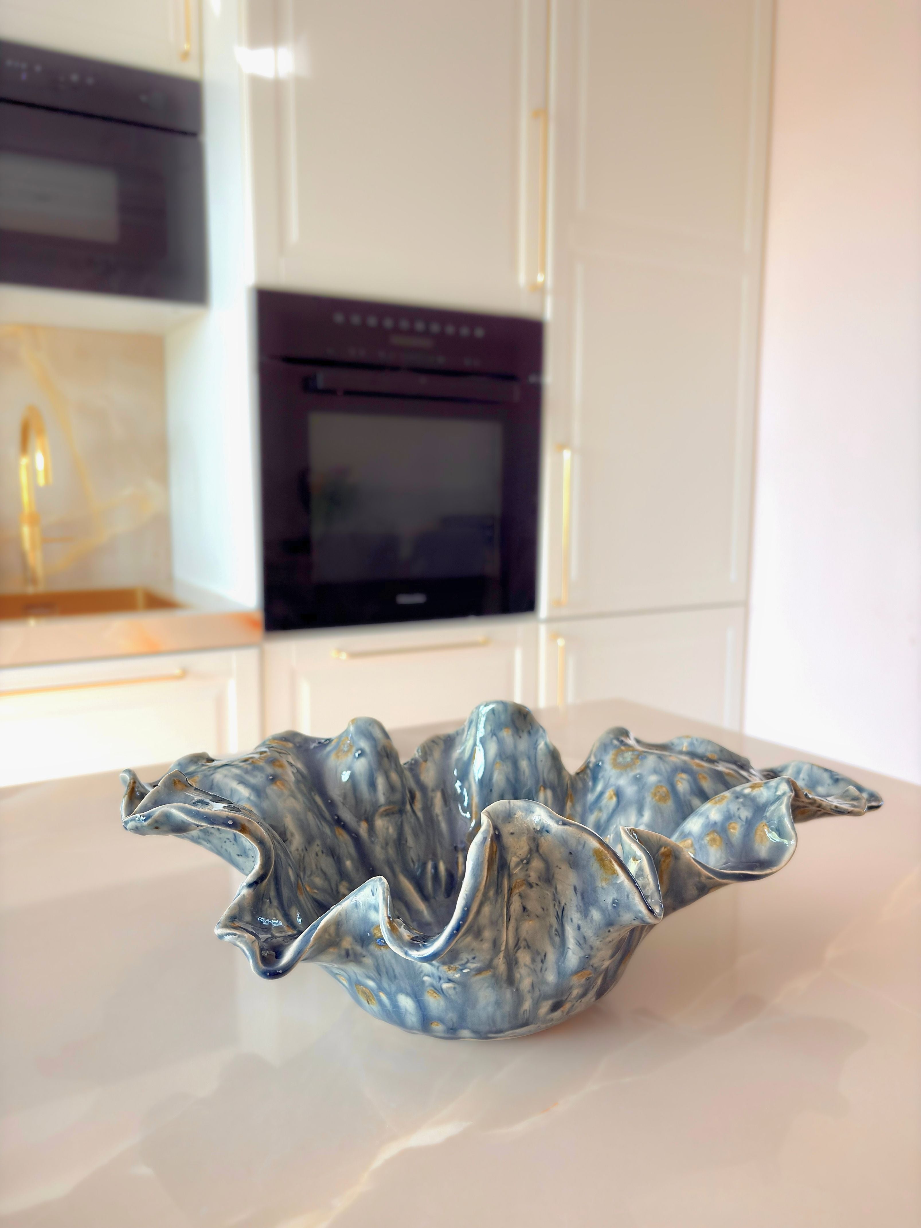 Handmade Ceramic Wavy Bowl, Blue Yellow Glaze, Decorative Art Centerpiece