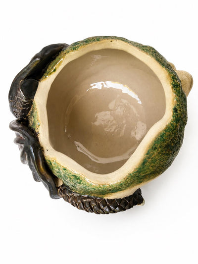 Handmade ceramic Dragon Jar, full piece showing the dragon curled on top of the lid