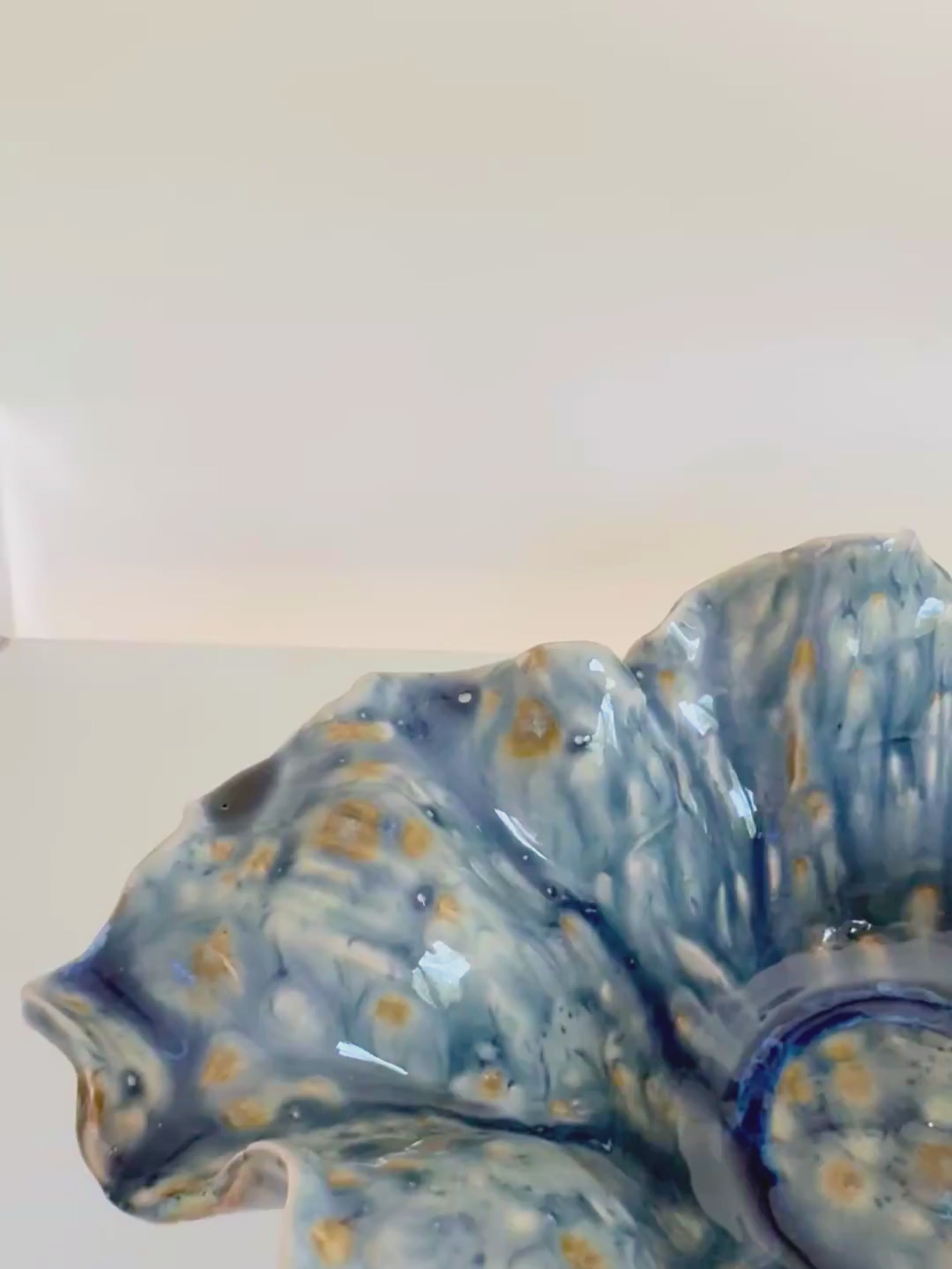 Handmade Ceramic Wavy Bowl, Blue Yellow Glaze, Decorative Art Centerpiece